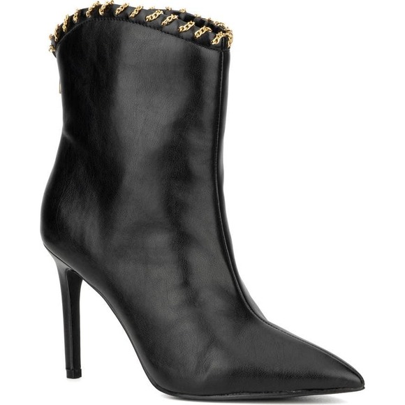 NY Collection Shoes - NY Collection Black Pointed Toe Stiletto Heel Ankle Booties Gold Chain Trim 8.5